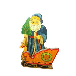 Vintage Hand Painted Wooden Santa Claus Card holder with Sleigh &Tree Christmas